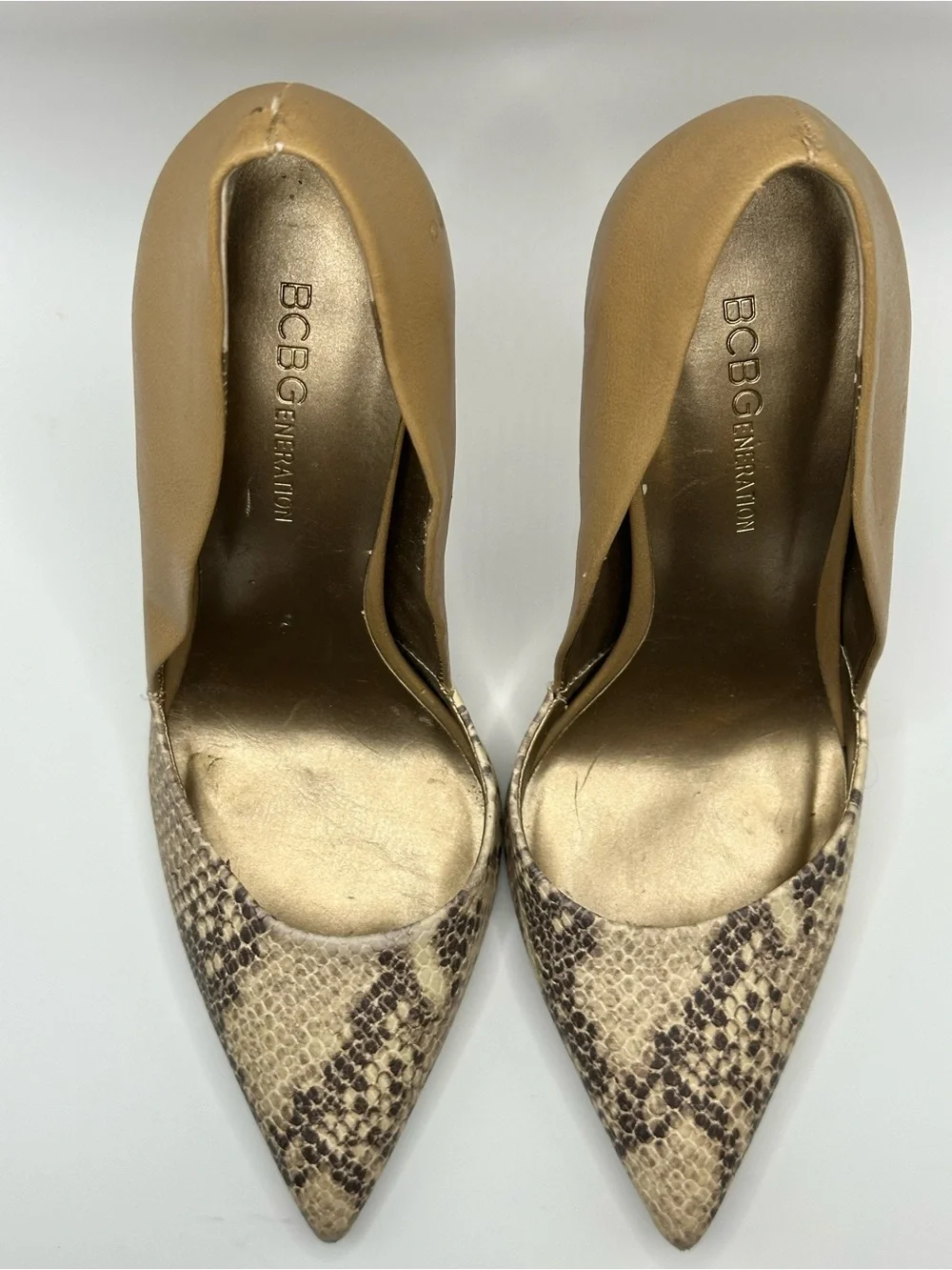 BCBGeneration Tan and Snake-Print Pointed Toe Pump